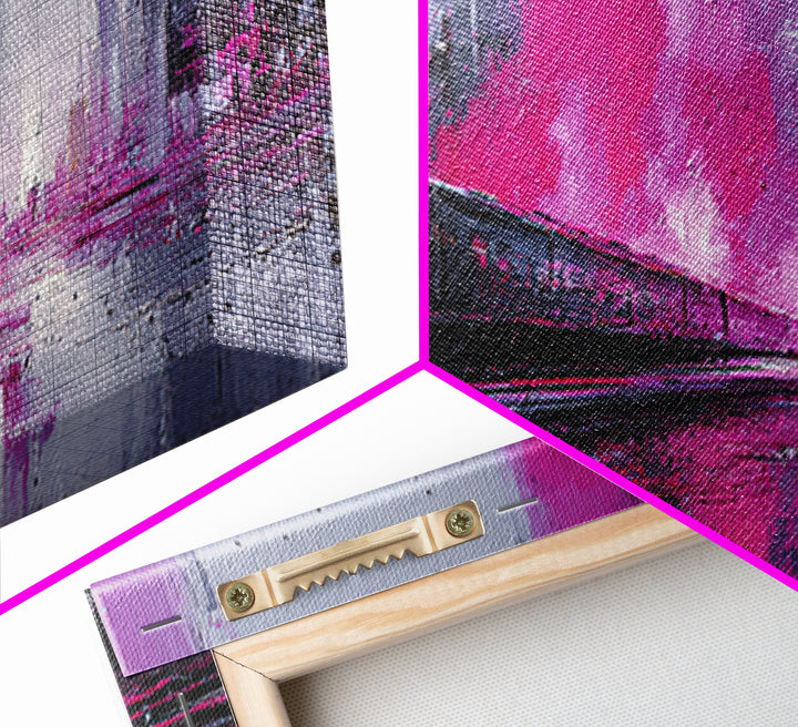 City Train Rushing Through Pink Electric Haze Framed Canvas Print, Cyberpunk Art, Minimalist Poster, Living Room Decor, Neon, CYB-3x1-53