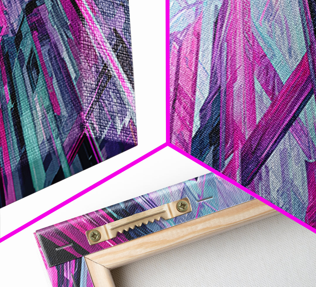Neon Dragon Wrapped Around Skyscraper Shapes Canvas Print, Cyberpunk Art, Urban Wall Art, Living Room Decor, Abstract Art, Neon, CYB-3x1-6