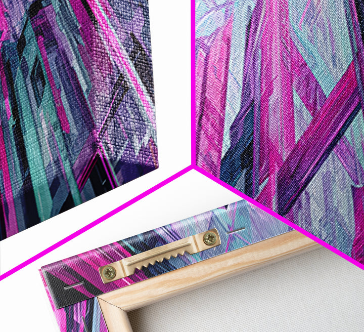 Neon Dragon Wrapped Around Skyscraper Shapes Canvas Print, Cyberpunk Art, Urban Wall Art, Living Room Decor, Abstract Art, Neon, CYB-3x1-6