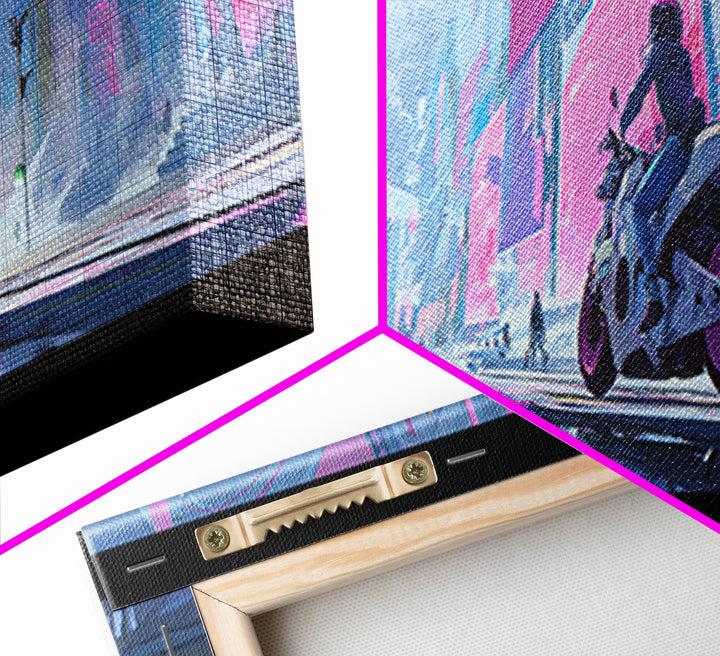 Motorcycle Rider under Holographic Signs Framed Canvas Print, Cyberpunk Art, Home Decor, Living Room Decor, Fine Art, Neon, CYB-3x1-68