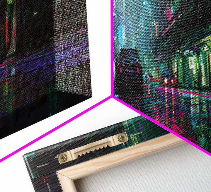 Rain Soaked Alley Framed Canvas Print, Cyberpunk Art, Poster, Living Room Decor, Fine Art, Neon, Modern Wall Art, Japanese Art, CYB-3x1-72