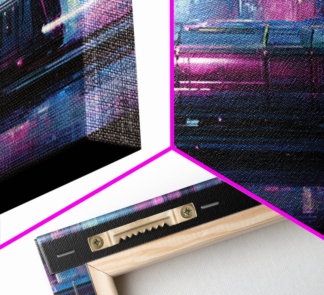 City Train Rushing Through Pink Electric Haze Framed Canvas Print, Cyberpunk Art, Minimalist Poster, Living Room Decor, Neon, CYB-3x1-77