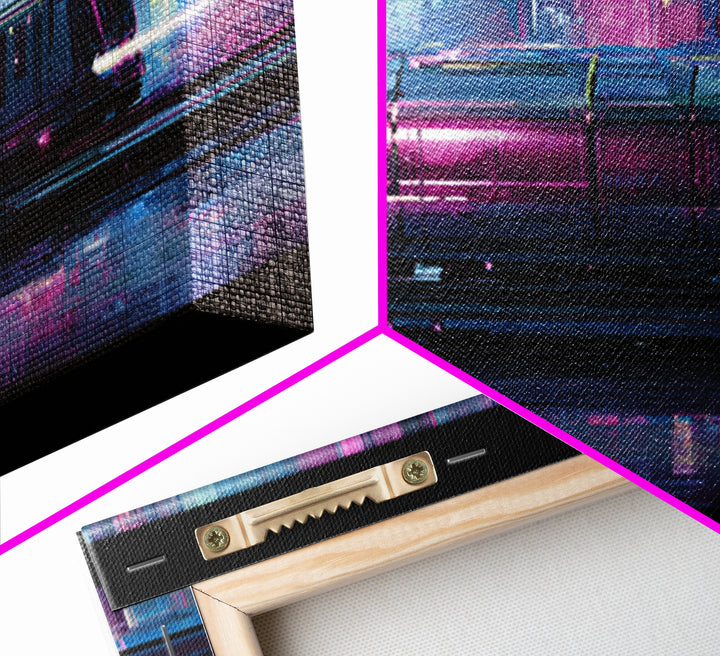 City Train Rushing Through Pink Electric Haze Framed Canvas Print, Cyberpunk Art, Minimalist Poster, Living Room Decor, Neon, CYB-3x1-77