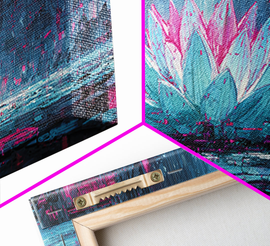 Electric Lotus Flower Framed Canvas Print, Cyberpunk Art, Cyberpunk Tarot, Living Room Decor, Watercolor Art, Neon, CYB-3x1-81