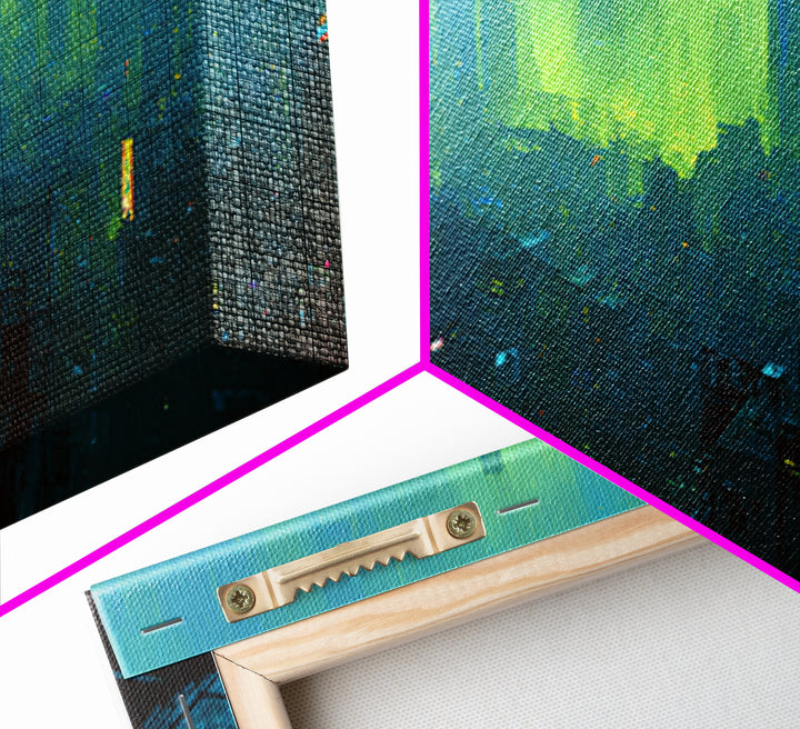 Dystopian Moon over Dense Rooftops Framed Canvas Print, Cyberpunk Art, Blue Wall Art, Living Room Decor, Fine Art, Neon, CYB-3x1-82