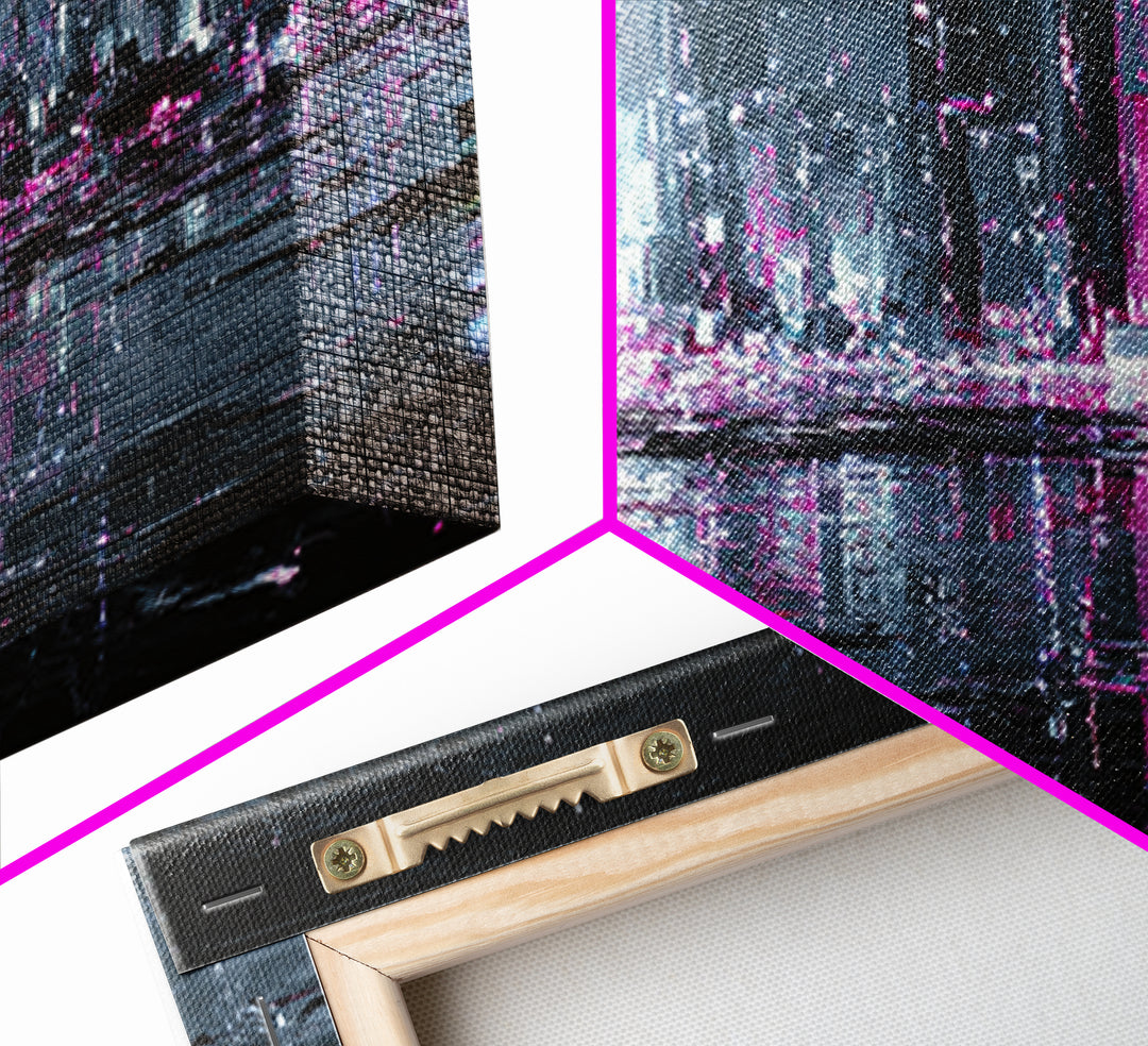 Neon Skyline Reflected Canvas Print, Cyberpunk Art, Japanese Art, Living Room Decor, Abstract Art, Neon, Cyberpunk Tarot, CYB-3x1-86