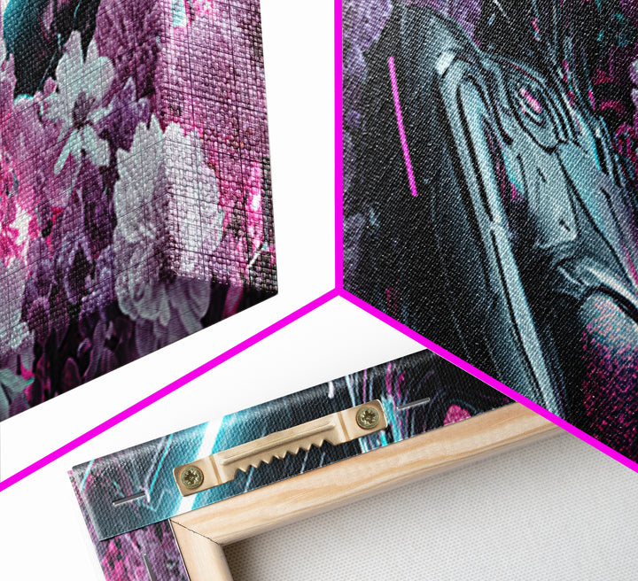 Android Woman with Glowing Circuitry and Flowers Canvas Print, Cyberpunk Art, Digital Art, Living Room Decor, Fine Art, Neon, CYB-3x1-91