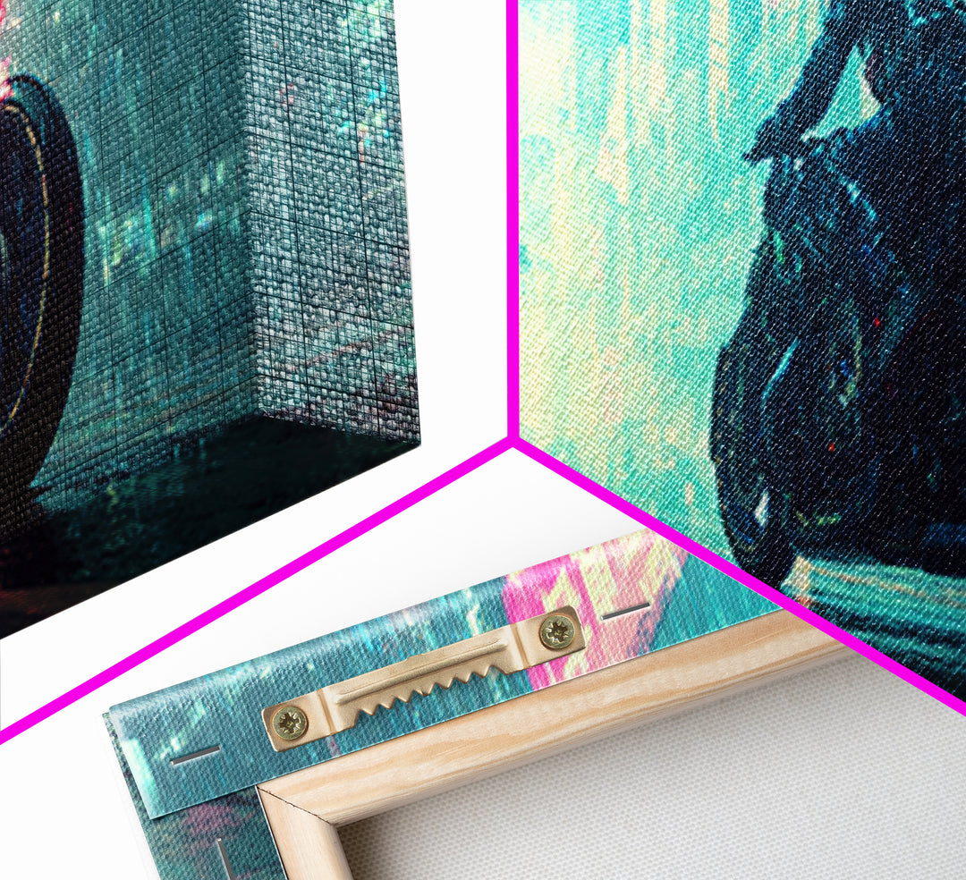 Motorcycle Rider under Holographic Signs Canvas Print, Cyberpunk Art, Printable Wall Art, Living Room Decor, Fine Art, Neon, CYB-3x1-92