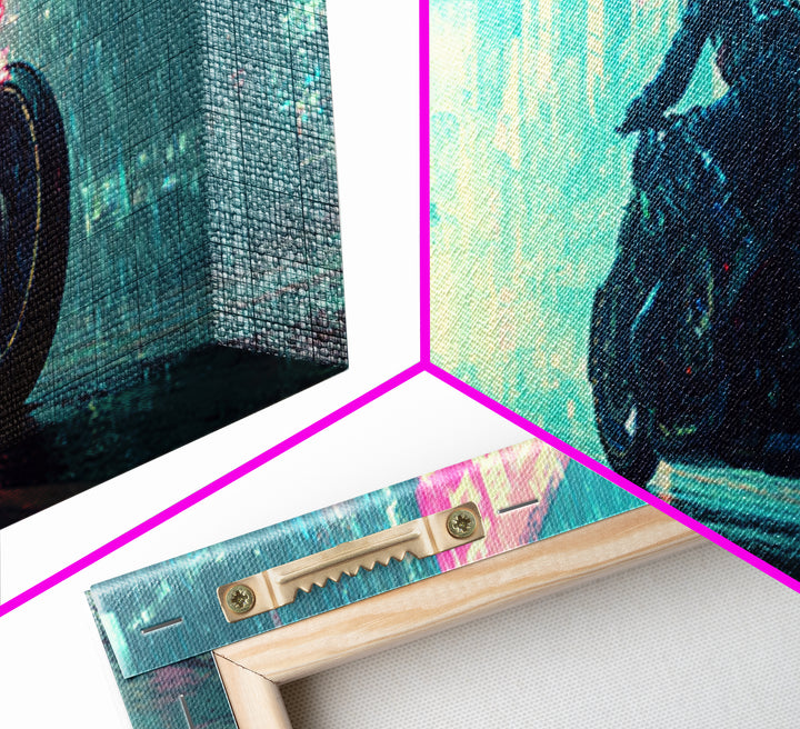 Motorcycle Rider under Holographic Signs Canvas Print, Cyberpunk Art, Printable Wall Art, Living Room Decor, Fine Art, Neon, CYB-3x1-92