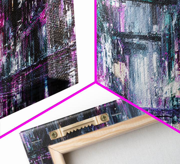 Rain Soaked Alley Canvas Print, Cyberpunk Art, Textured Painting, Living Room Decor, Abstract Art, Neon, Digital Wall Art, CYB-3x1-96