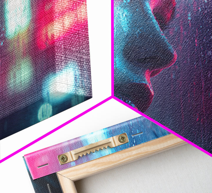 Ai Mask Portrait Framed Canvas Print, Cyberpunk Art, Wall Art, Living Room Decor, Oil Painting, Neon, Abstract Art, CYB-3x2-100