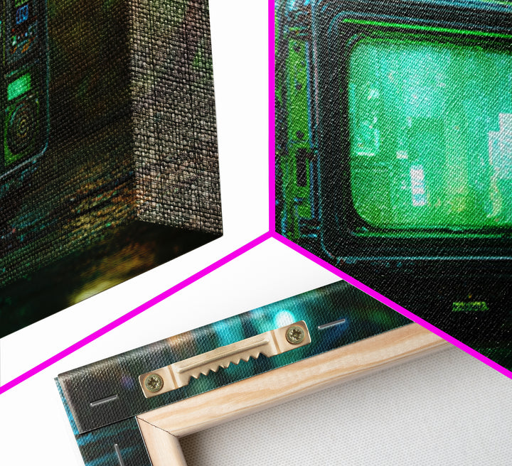 Retro Arcade Dystopia Framed Canvas Print, Cyberpunk Art, Abstract Art, Living Room Decor, Fine Art, Neon, Urban Wall Art, CYB-3x2-14