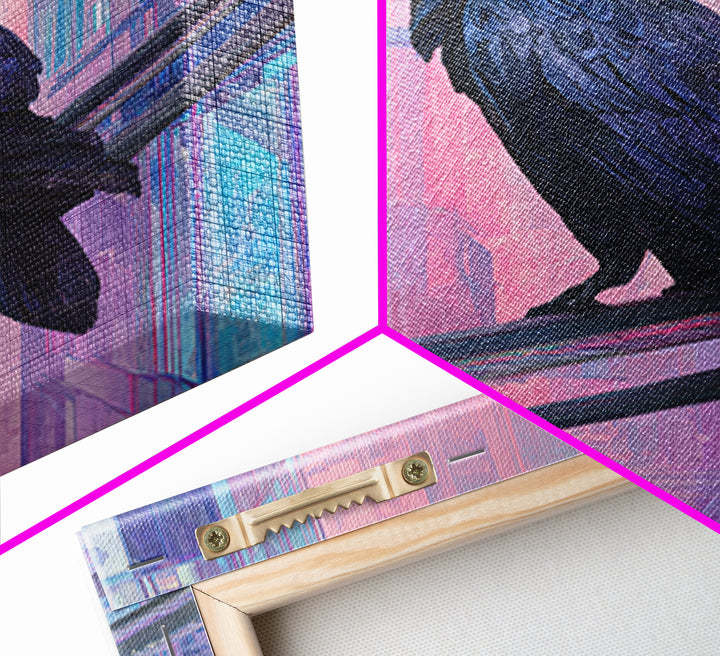 Cybernetic Raven Perched on a Cable Framed Canvas Print, Cyberpunk Art, Digital Download Art, Living Room Decor, Fine Art, Neon, CYB-3x2-15