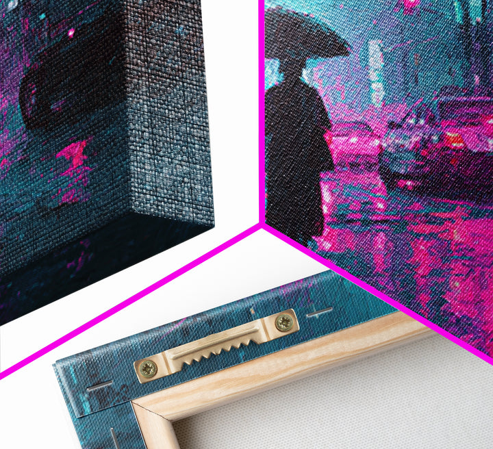 Glowing Umbrella Figure Framed Canvas Print, Cyberpunk Art, Statement Artwork, Living Room Decor, Fine Art, Neon, Art Print, CYB-3x2-19