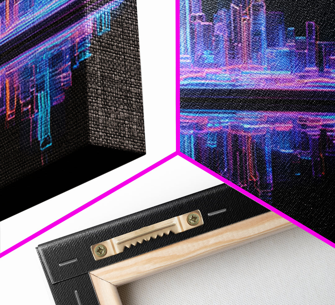 Neon Skyline Reflected Framed Canvas Print, Cyberpunk Art, Gothic Decor, Living Room Decor, Abstract Art, Neon, CYB-3x2-2