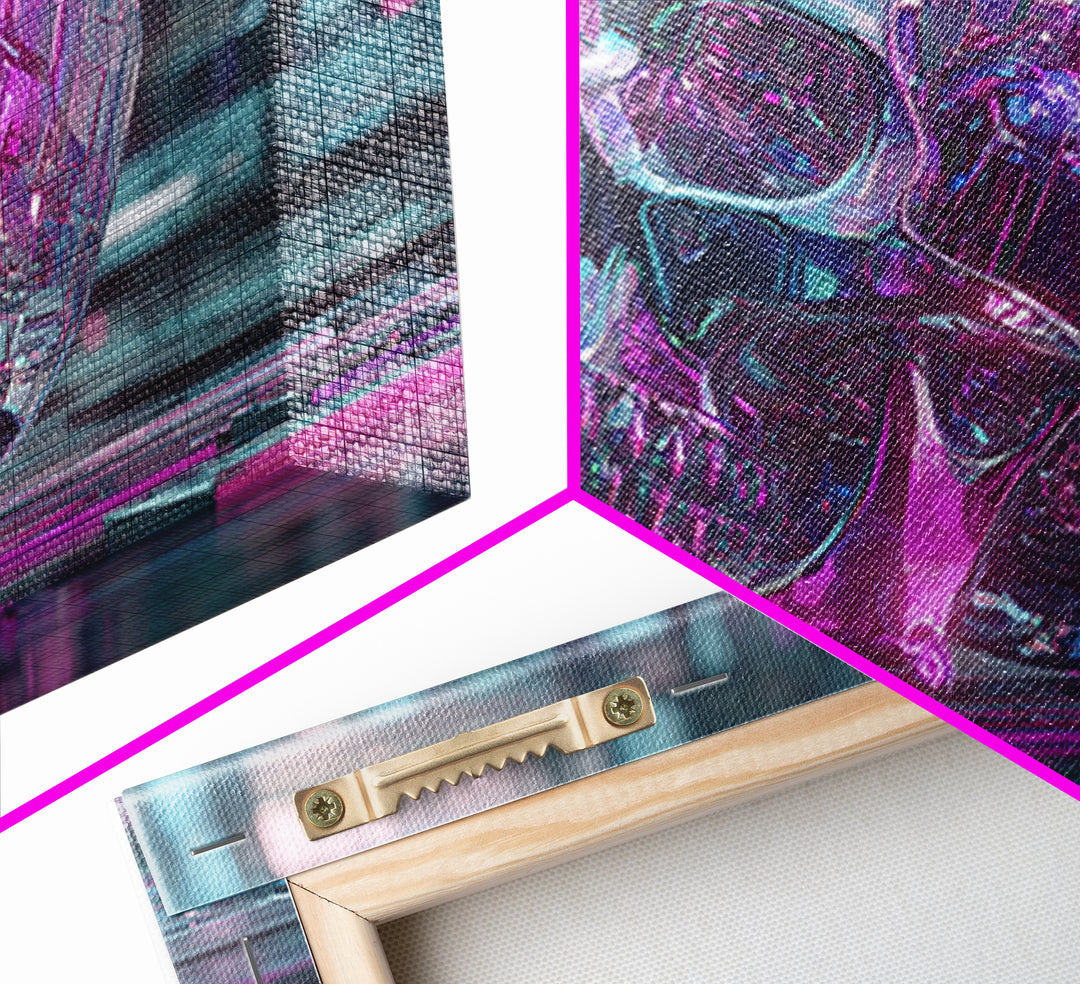 Cyberpunk Skull with Chrome and Violet Light Framed Canvas Print, Cyberpunk Art, Urban Wall Art, Living Room Decor, Neon, CYB-3x2-24