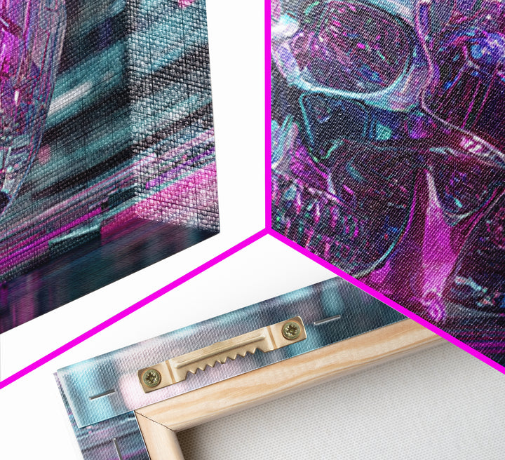 Cyberpunk Skull with Chrome and Violet Light Framed Canvas Print, Cyberpunk Art, Urban Wall Art, Living Room Decor, Neon, CYB-3x2-24