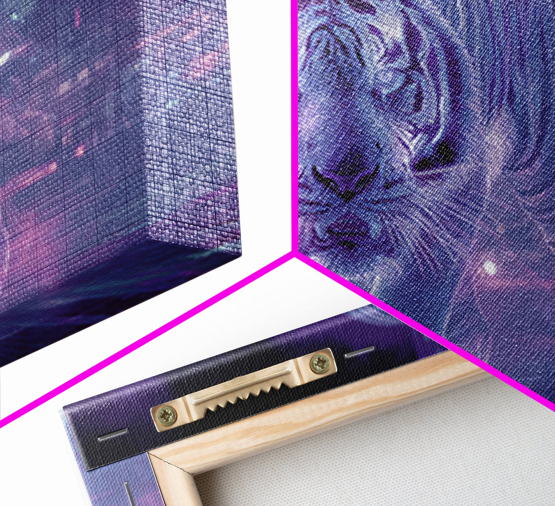 Neon Tiger Emerging from Digital Fog Canvas Print, Cyberpunk Art, Fantasy Art, Living Room Decor, Oil Painting, Neon, CYB-3x2-37