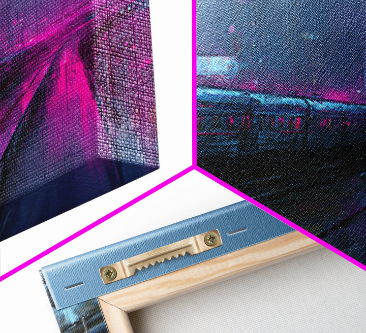 City Train Rushing Through Pink Electric Haze Canvas Print, Cyberpunk Art, Modern Wall Decor, Living Room Decor, Neon, CYB-3x2-41