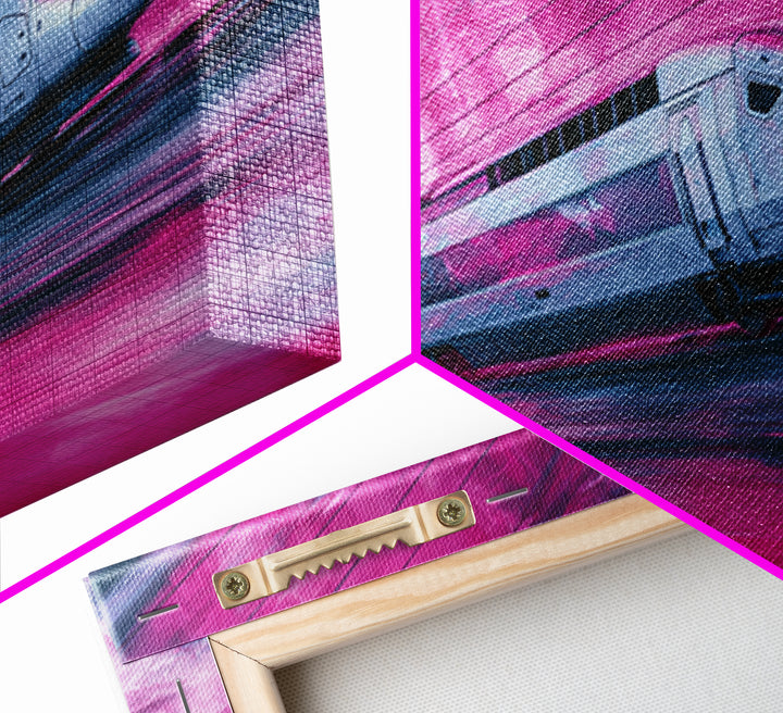 City Train Rushing Through Pink Electric Haze Canvas Print, Cyberpunk Art, Modern Wall Decor, Living Room Decor, Neon, CYB-3x2-65