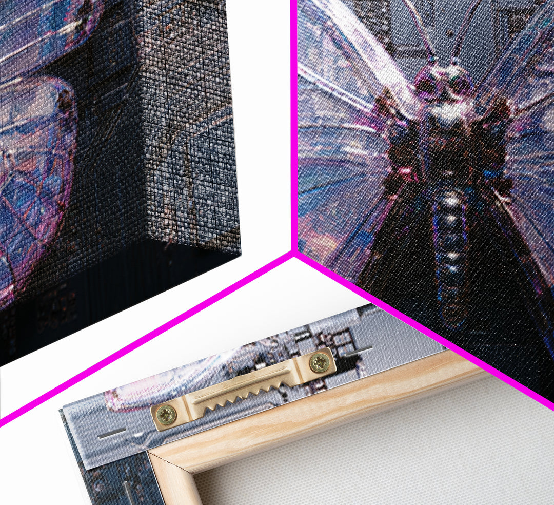 Holographic Butterfly over Black Metal Surface Framed Canvas Print, Cyberpunk Art, Modern Wall Decor, Living Room Decor, Neon, CYB-3x2-71