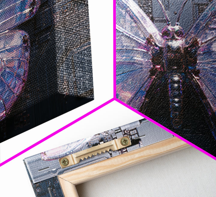 Holographic Butterfly over Black Metal Surface Framed Canvas Print, Cyberpunk Art, Modern Wall Decor, Living Room Decor, Neon, CYB-3x2-71