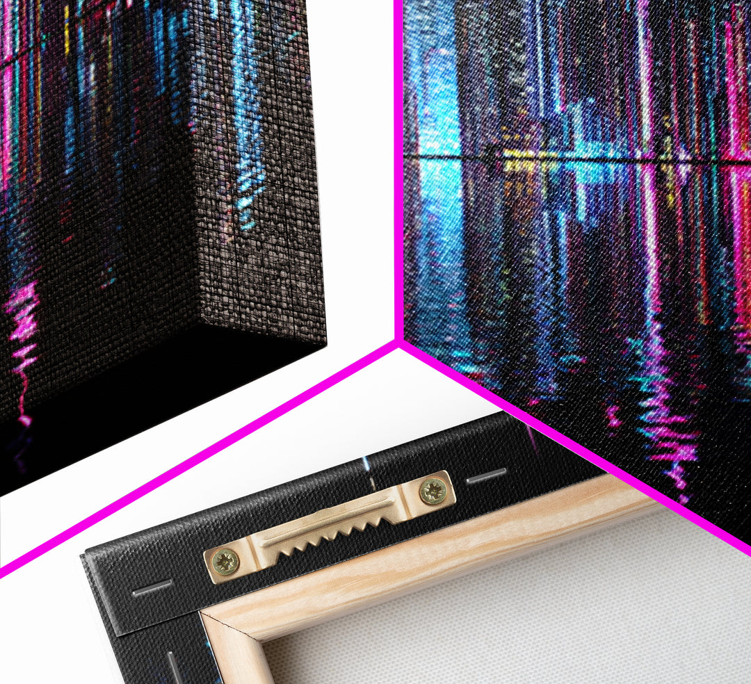 Neon Skyline Reflected Framed Canvas Print, Cyberpunk Art, Man Cave Decor, Living Room Decor, Fine Art, Neon, Fine Art Print, CYB-3x2-74