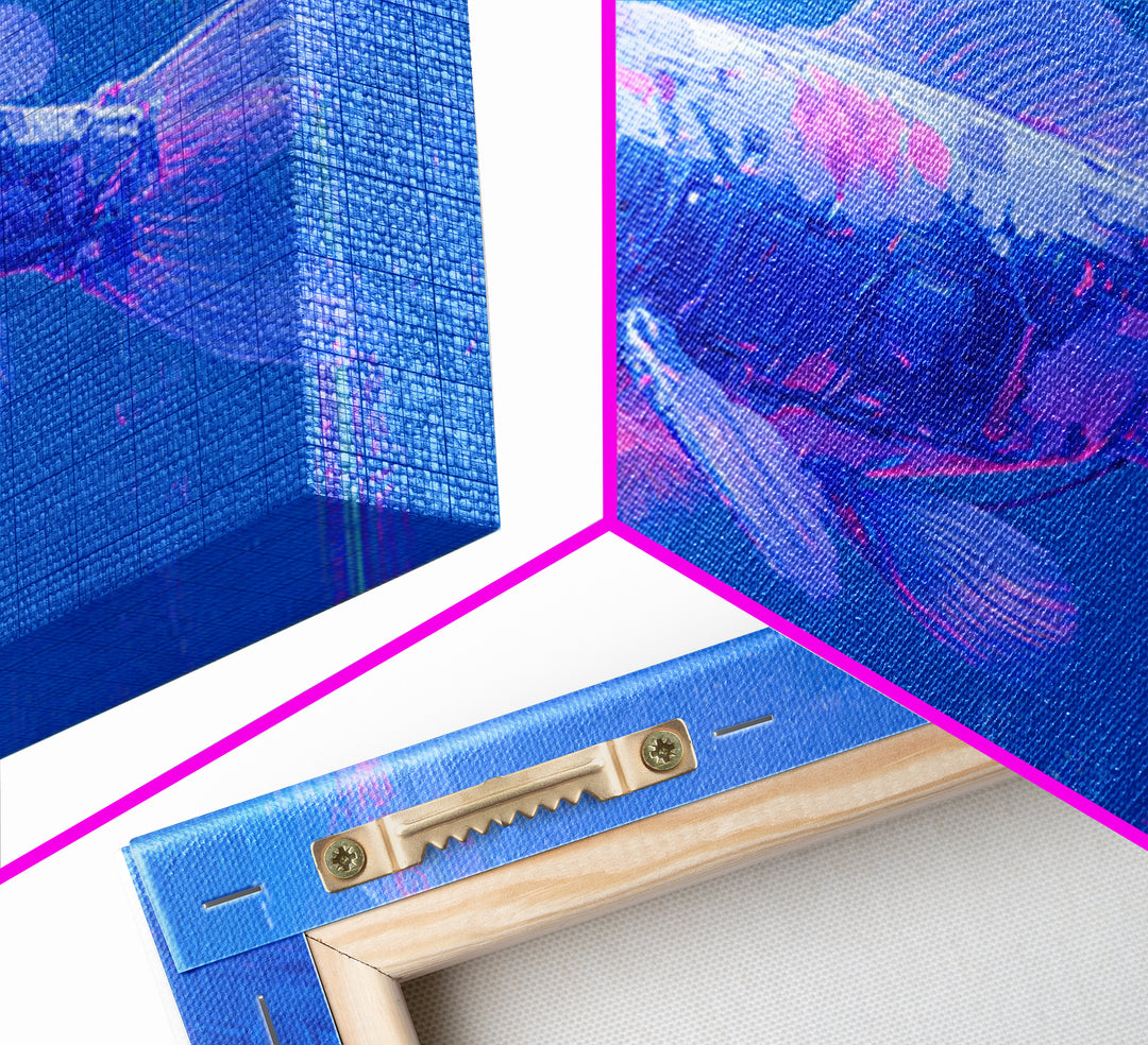Cyberpunk Koi Swimming Through Electric Blue Water Framed Canvas Print, Cyberpunk Art, Fine Art Print, Living Room Decor, Neon, CYB-3x2-81