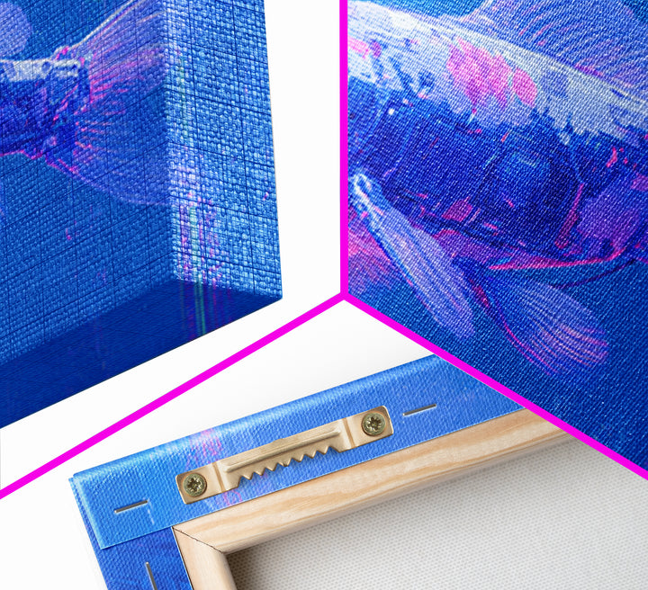 Cyberpunk Koi Swimming Through Electric Blue Water Framed Canvas Print, Cyberpunk Art, Fine Art Print, Living Room Decor, Neon, CYB-3x2-81
