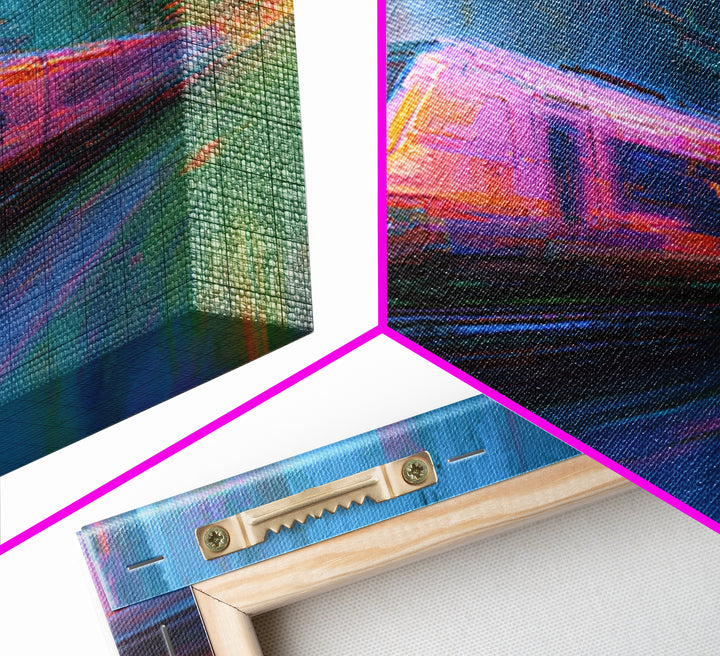 City Train Rushing Through Pink Electric Haze Canvas Print, Cyberpunk Art, Boho Decor, Living Room Decor, Oil Painting, Neon, CYB-3x2-89