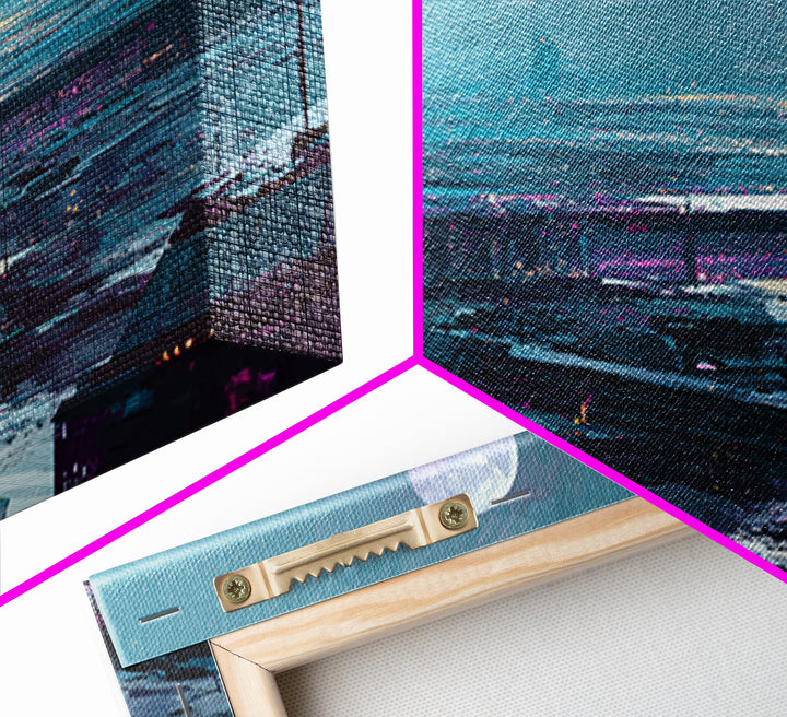 Dystopian Moon over Dense Rooftops Canvas Print, Cyberpunk Art, Cyberpunk Helmet, Living Room Decor, Abstract Art, Neon, CYB-3x2-94