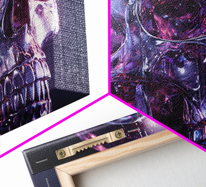 Cyberpunk Skull with Chrome and Violet Light Framed Canvas Print, Cyberpunk Art, Art Print, Living Room Decor, Fine Art, Neon, CYB-3x2-96