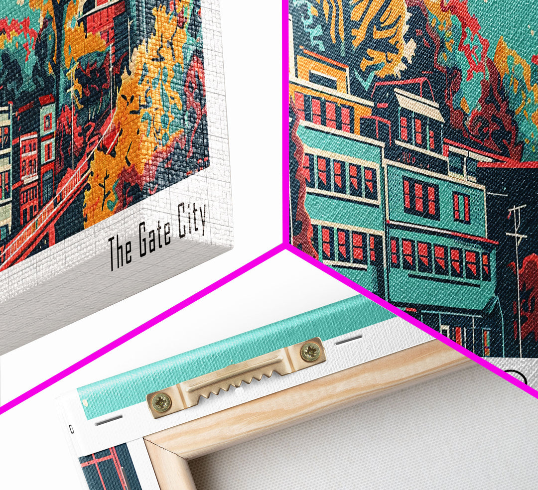 Greensboro North Carolina Travel Poster Framed Canvas Print, Panoramic Mid Century Modern Art, Pop Art Style, Wall Decor, Home Decor, Retro Style Art