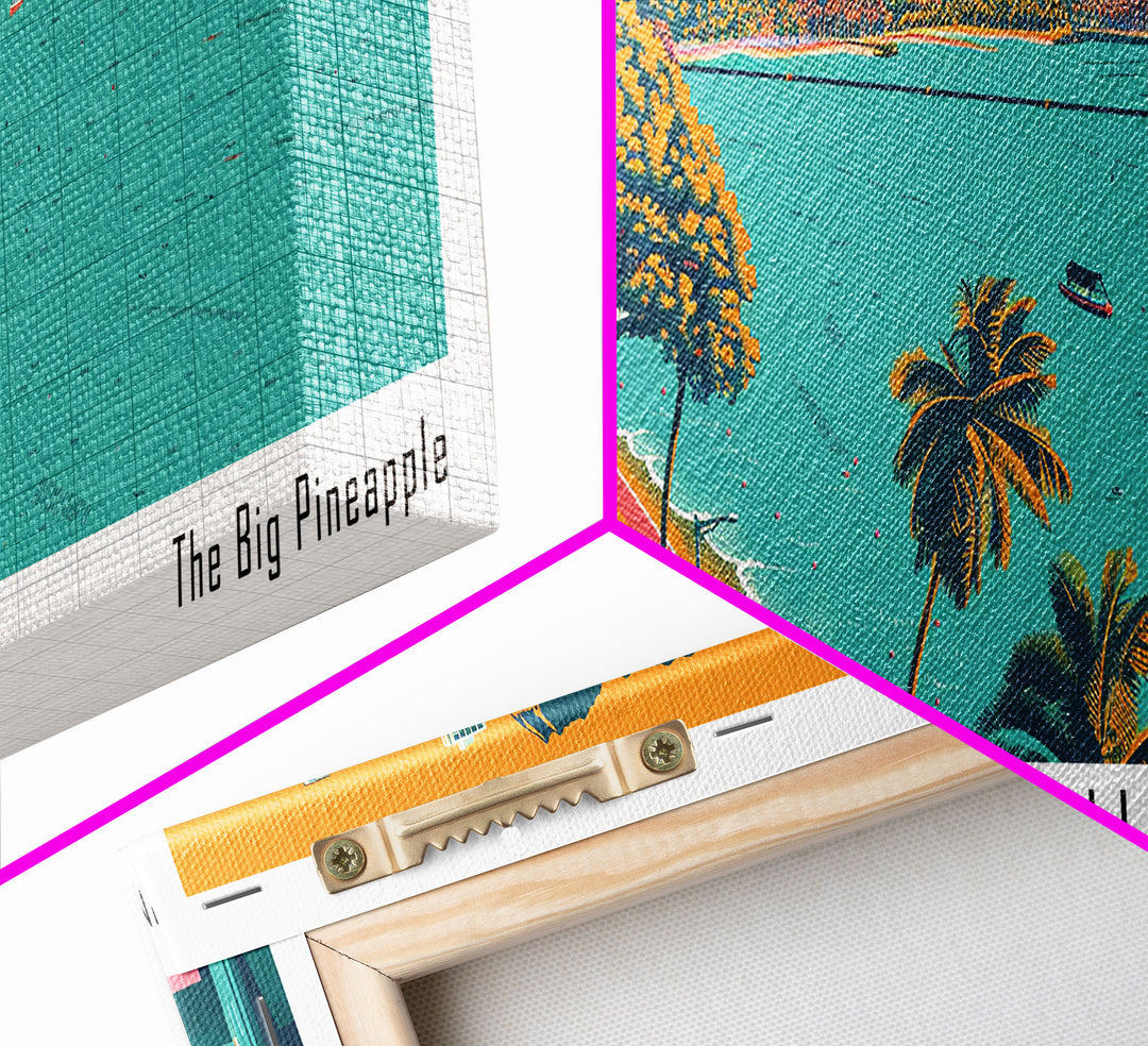Honolulu Hawaii Panoramic Travel Poster Framed Canvas Print, Mid Century Modern Art, Pop Art Style, Wall Hanging, Home Decor, Vintage Wall Art, Office Wall Art