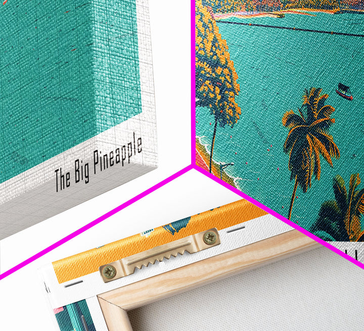 Honolulu Hawaii Panoramic Travel Poster Framed Canvas Print, Mid Century Modern Art, Pop Art Style, Wall Hanging, Home Decor, Vintage Wall Art, Office Wall Art