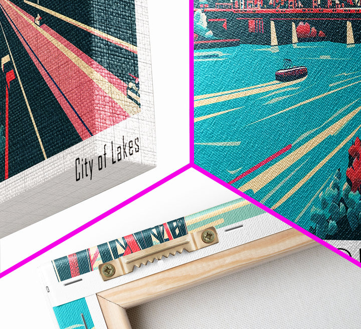 Minneapolis Minnesota Panoramic Wall Art Framed Canvas Print, Travel Poster, Mid Century Modern Art, Pop Art Style, Home Decor, Office Art