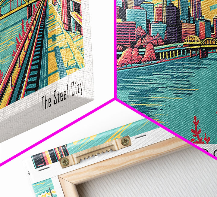 Pittsburgh Pennsylvania Panoramic Painting Framed Canvas Print, Travel Poster, Mid Century Modern Art, Pop Art Style, Wall Decor, Retro Style Art