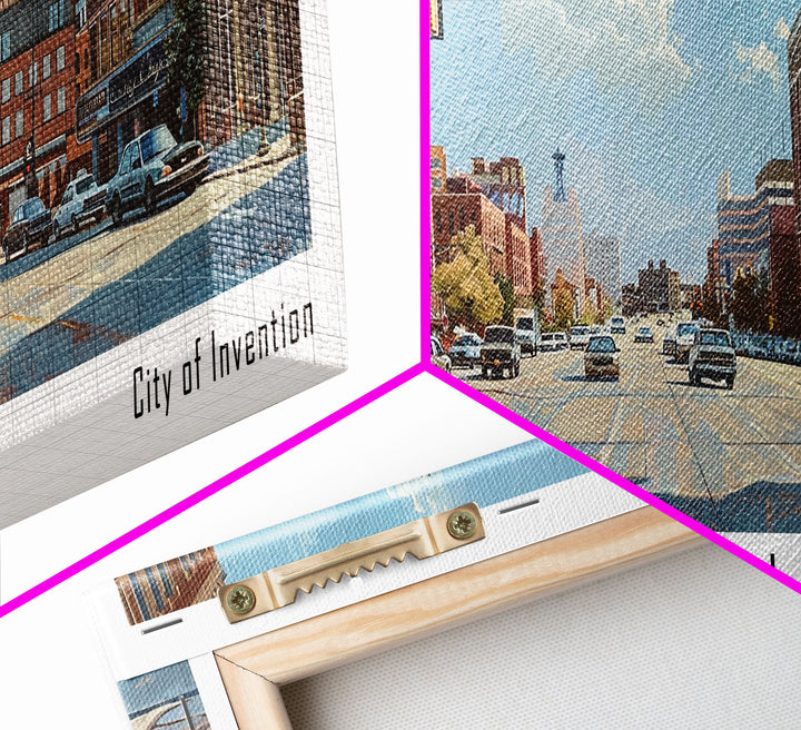 Akron Ohio Panoramic Painting, Watercolor Framed Canvas Print, Scenic Cityscape, Travel Poster, Home Decor, Wall Hanging, Living Room Art