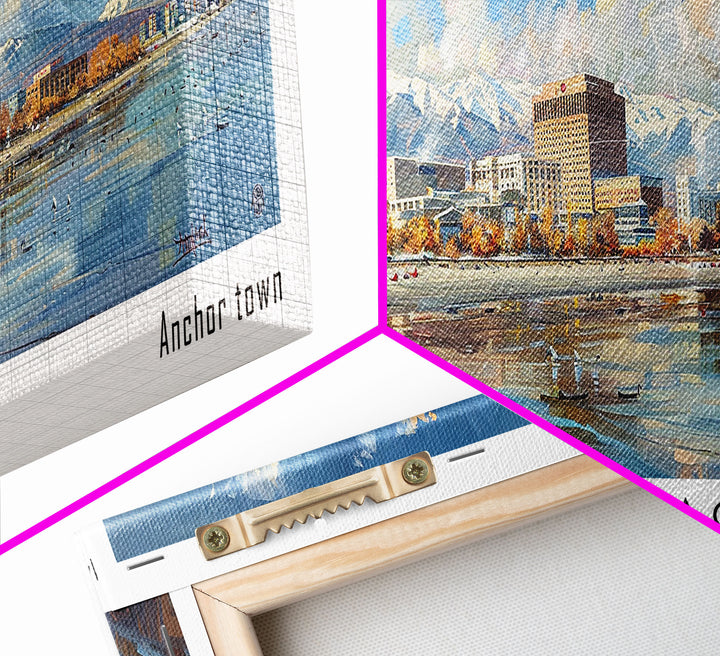 Anchorage Alaska Panoramic Painting, Watercolor Framed Canvas Print, Scenic City Art, Travel Poster, Wall Decor, Living Room Art, Office Wall Art