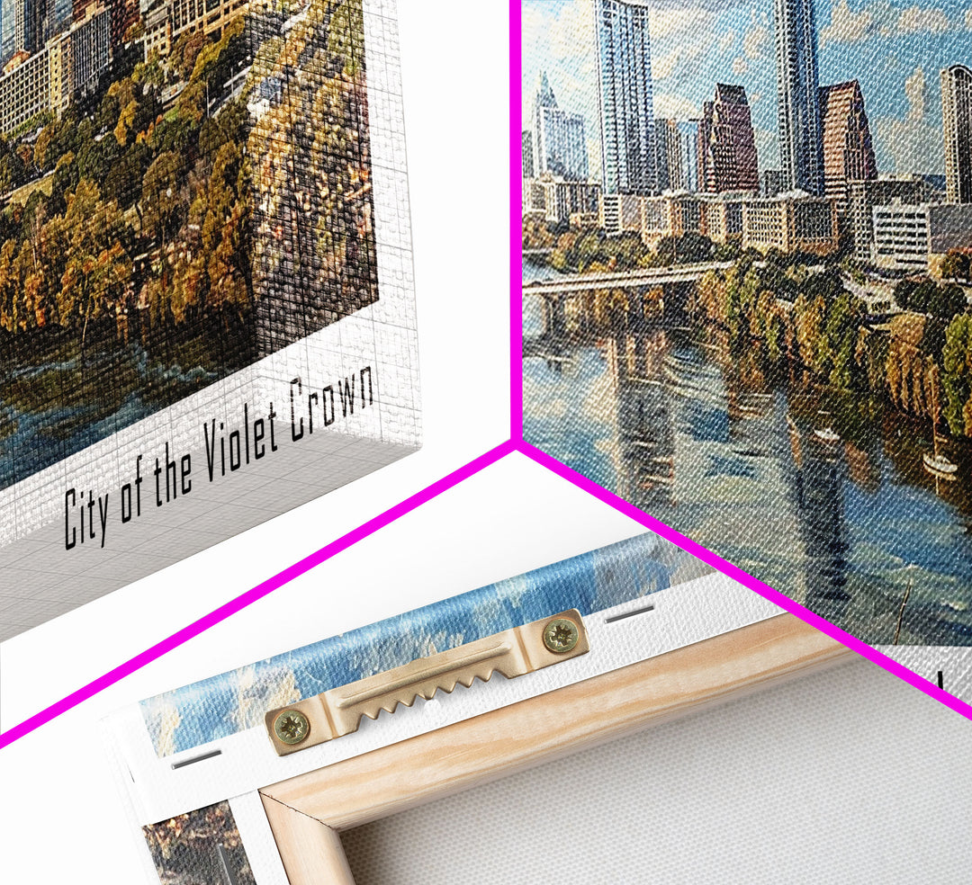 Austin Texas Panoramic Painting, Watercolor Framed Canvas Print, Scenic City Art, Travel Poster, Wall Decor, Living Room Art, Office Wall Art