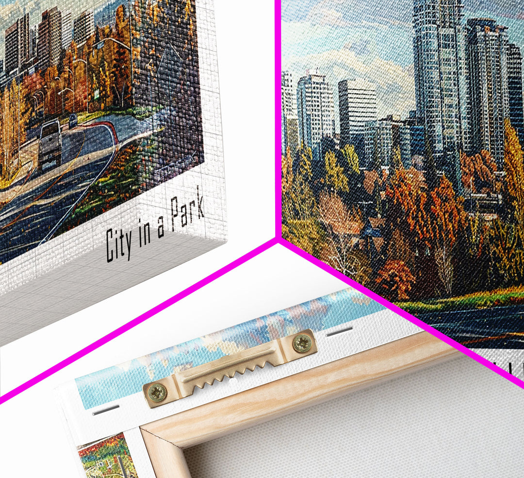 Bellevue Washington Panoramic Painting, Watercolor Framed Canvas Print, Scenic City Art, Travel Poster, Home Decor, Wall Art, Office Wall Art