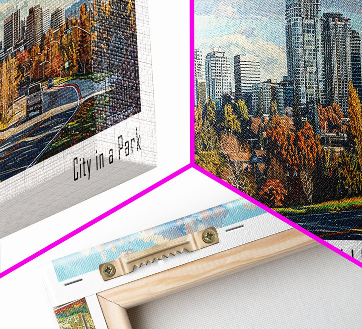 Bellevue Washington Panoramic Painting, Watercolor Framed Canvas Print, Scenic City Art, Travel Poster, Home Decor, Wall Art, Office Wall Art