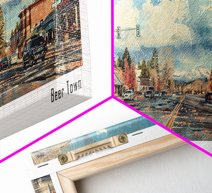 Bend Oregon Panoramic Painting, Watercolor Framed Canvas Print, Scenic City Art, Travel Poster, Home Decor, Wall Hanging, Living Room Art