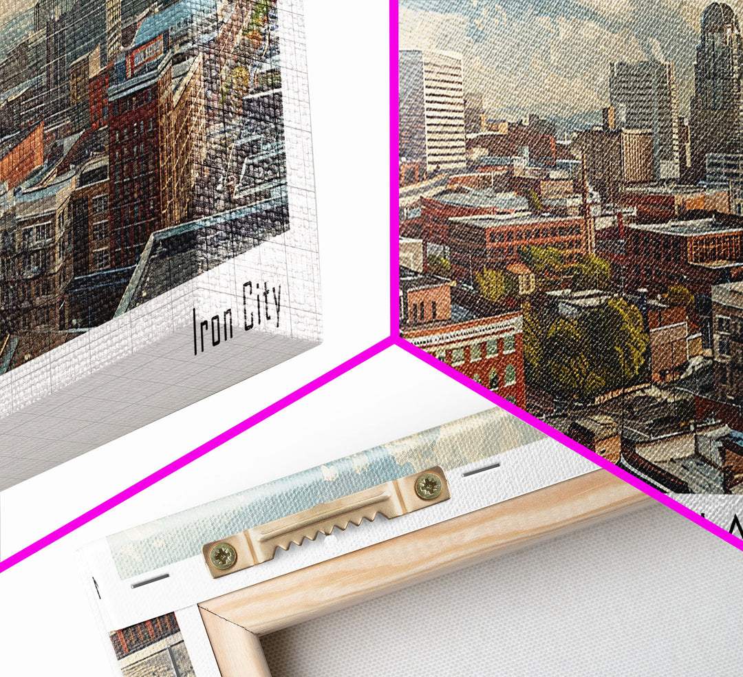 Birmingham Alabama Panoramic Painting, Watercolor Framed Canvas Print, Scenic City Art, Travel Poster, Wall Decor, Living Room Art, Gift Idea