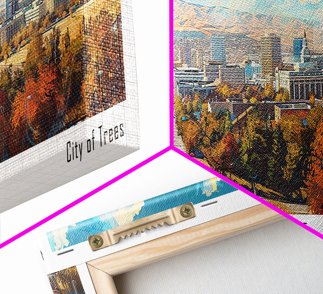 Boise Idaho Panoramic Watercolor Painting, Framed Canvas Print, Scenic City Art, Travel Poster, Wall Decor, Living Room Art, Gift Idea