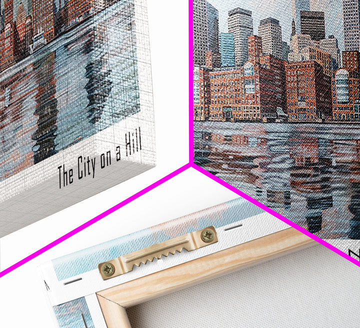 Boston Massachusetts Panoramic Painting, Watercolor Framed Canvas Print, Scenic City Art, Travel Poster, Home Decor, Wall Art, Office Wall Art