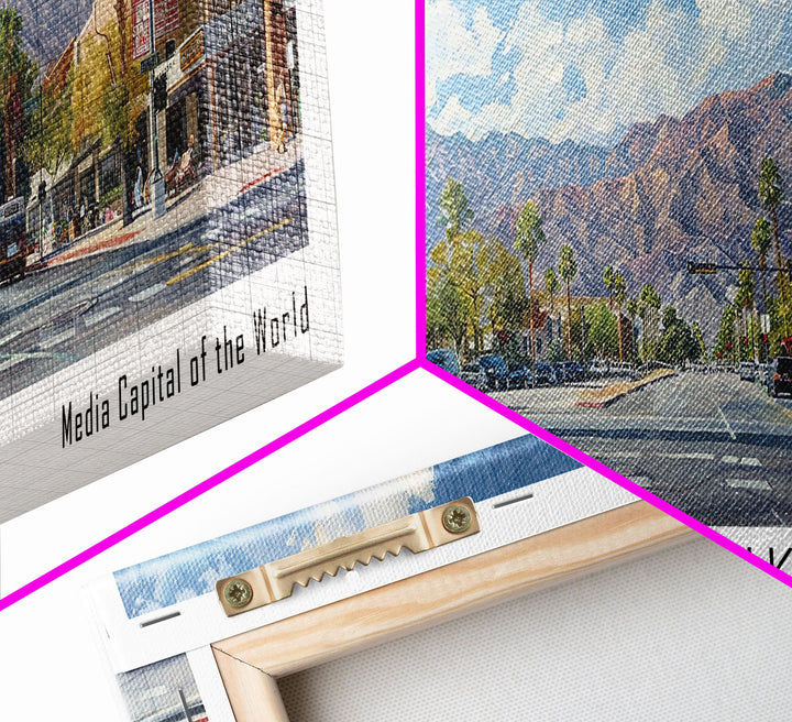 Burbank California Panoramic Watercolor Painting Framed Canvas Print, Travel Poster Art, Home Decor, Charming Cityscape, Bedroom Wall Art, Office Decoration, Gift for Travelers