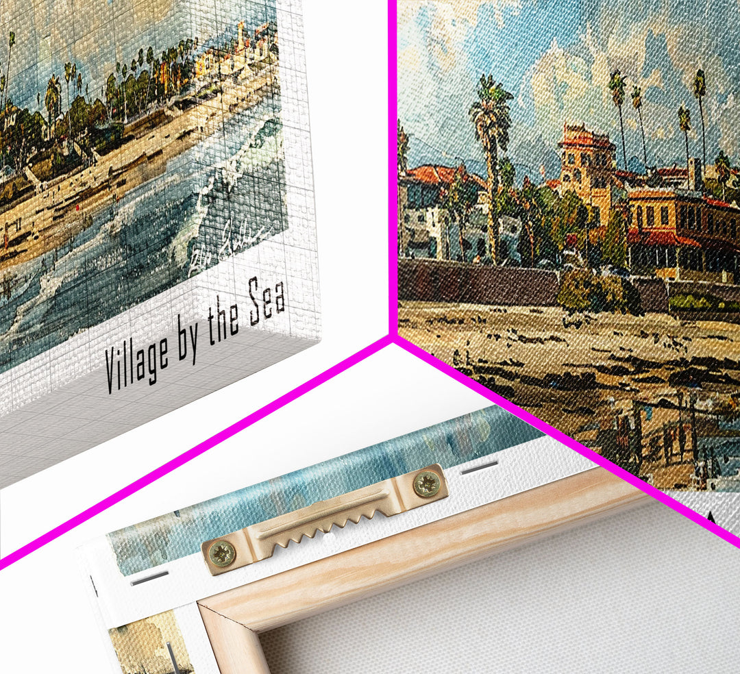 Carlsbad California Panoramic Watercolor Painting Framed Canvas Print, Travel Poster Art, Coastal Home Decor, Picturesque Cityscape, Wall Art for Bedroom, Office Wall Decoration, Travel Enthusiast Gift