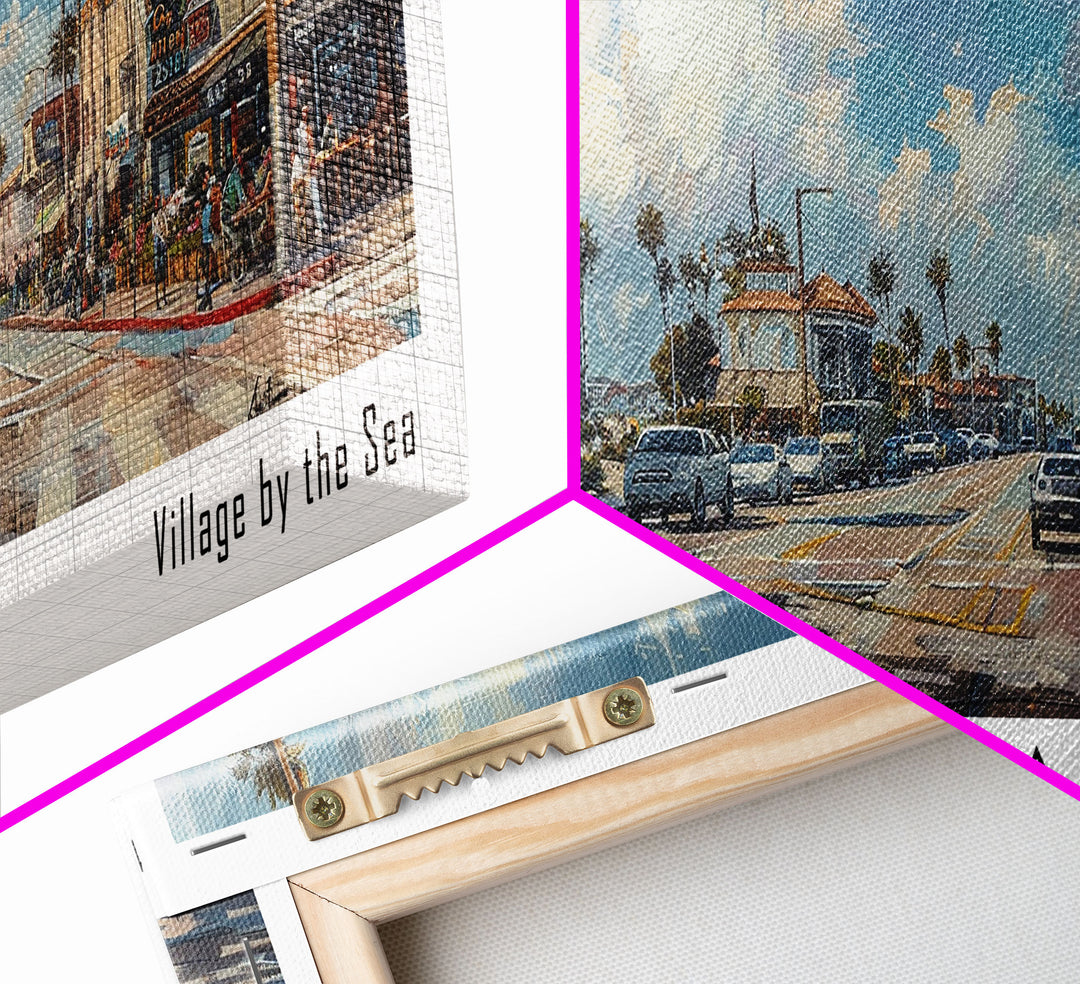Carlsbad California Panoramic Watercolor Style Framed Canvas Print, Coastal Travel Poster, Home Decor, Picturesque Seascape, Office Wall Art, Living Room Decoration, Unique Gift Idea