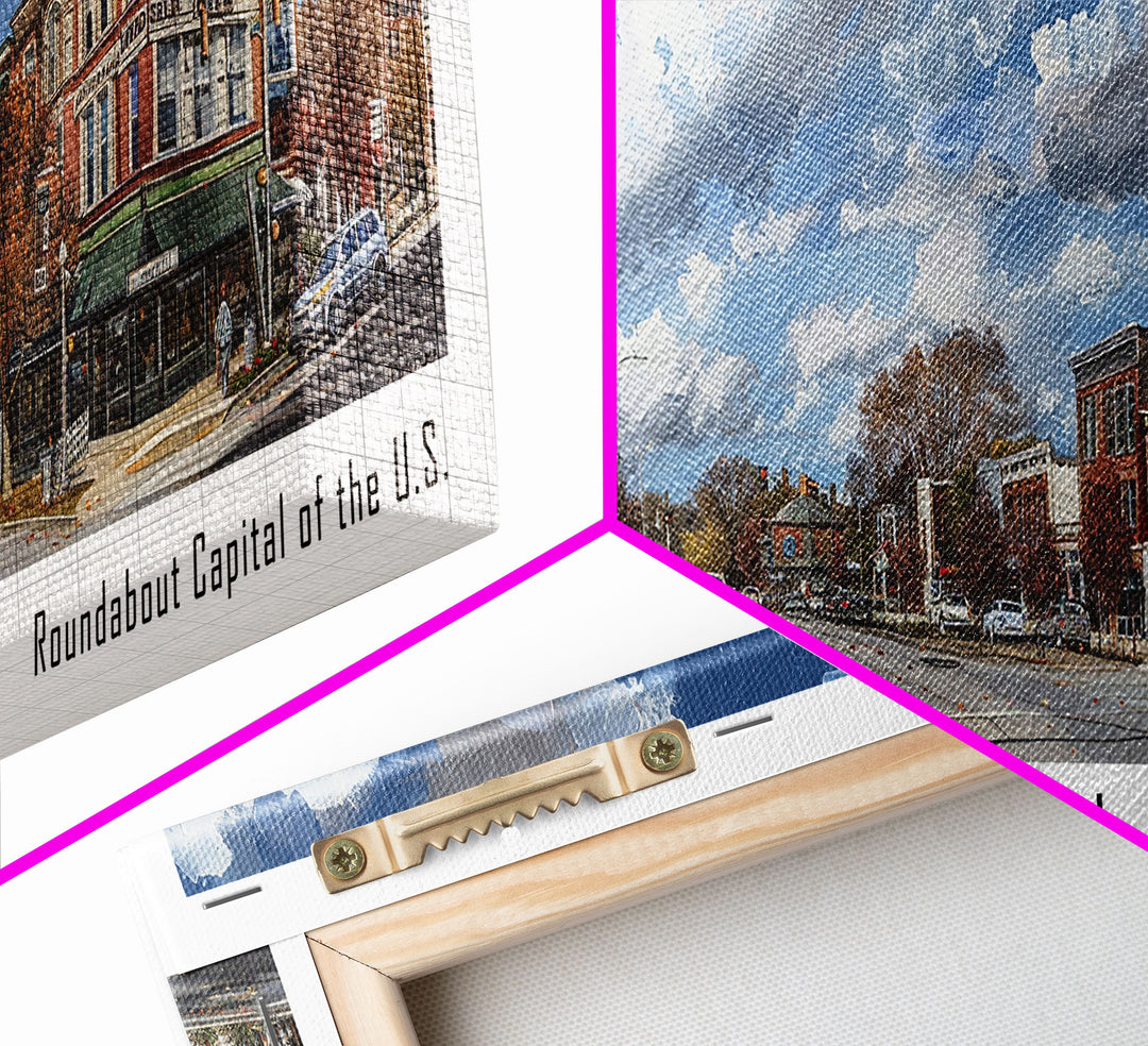 Carmel Indiana Panoramic Watercolor Painting Framed Canvas Print, Travel Poster Art, Home Decor, Picturesque Indiana Cityscape, Living Room Wall Art, Office Decoration, Gift for Art Lovers